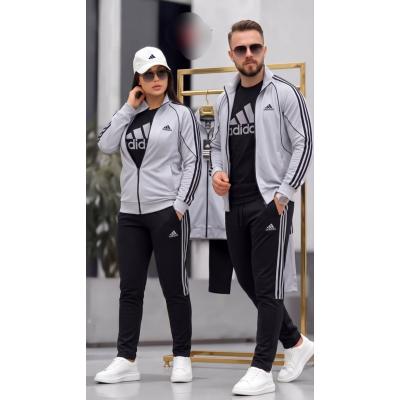 Adidas Unisex 3'lü Sevgili Kombin Gri Eşofman Takımı Dalgıç Kompak 2 Iplik Ceket Tişört Alt Set