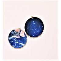  Starry Sky & Earth Ahşap Çerçeveli 2'li Yuvarlak Kasnak Tablo 