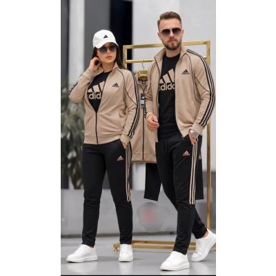 Adidas Unisex 3'lü Sevgili Kombin Bej Eşofman Takımı Dalgıç Kompak 2 Iplik Ceket Tişört Alt Set