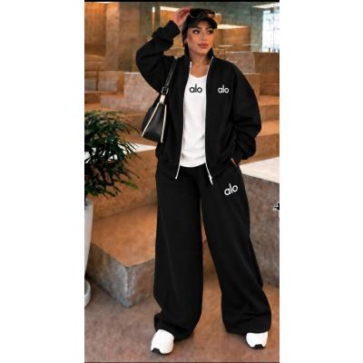 Alo Kadın Büyük Beden 3'lü Siyah Eşofman Takımı Fermuarlı Ceket T-Shirt Bol Paça Eşofman Altı